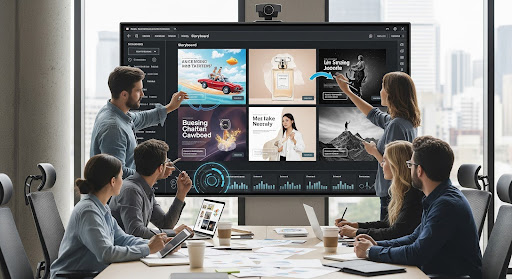 Creative team testing campaign storyboards on AI software.