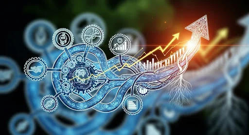 Abstract visual of interconnected tools, channels, and workflows forming a unified growth engine