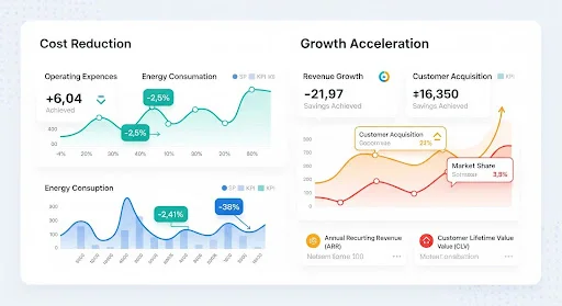 Dashboard illustration highlighting cost reduction and growth acceleration metrics.