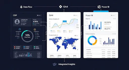 Interface showing integration between CDP, GA4, and Power BI dashboards.