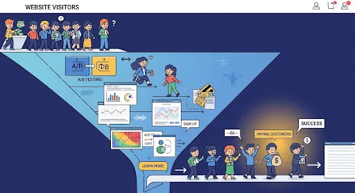 Illustration of conversion rate optimisation turning website visitors into paying customers.