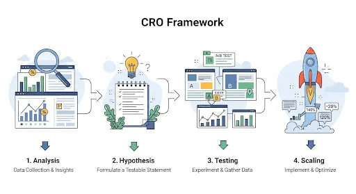 Step-by-step illustration of a CRO framework: analysis, hypothesis, testing, scaling.