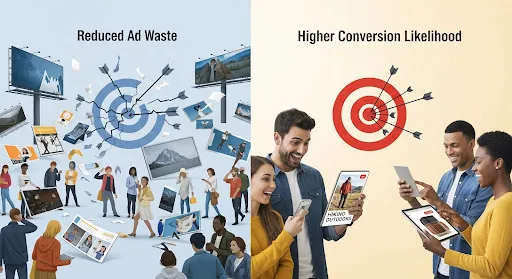 Visual showing reduced ad waste and higher conversion likelihood through precise targeting.