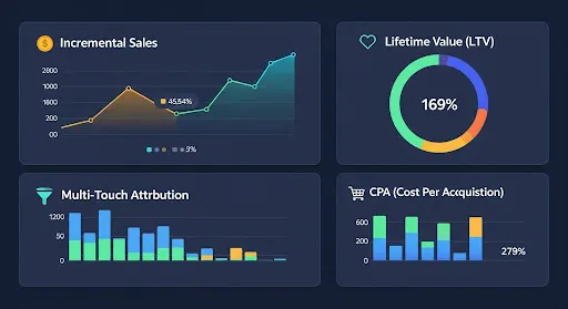 Dashboard illustration showing incremental sales, multi-touch attribution, lifetime value, and CPA metrics.
