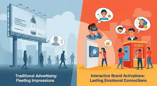 Graphic comparing traditional advertising impressions with interactive brand activations that create lasting emotional connections.