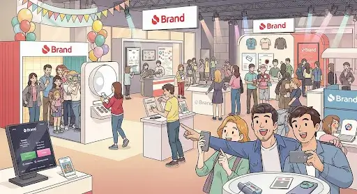 Illustration of a vibrant brand activation event with customers engaging, taking photos, and interacting with products.
