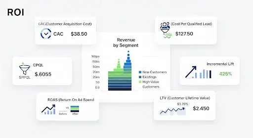 Graphic showing key ROI metrics: CAC, CPQL, ROAS, incremental lift, LTV, and revenue by segment.