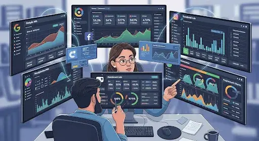 Illustration of a marketer analyzing media buying performance across multiple digital channels with dashboards and charts.